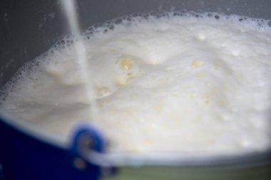 Taze süt. Beyaz köpük. Ev ürünü