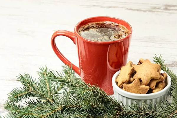 Big cup of coffee. NewYear. Gingerbread Cookie.  Christmas tree