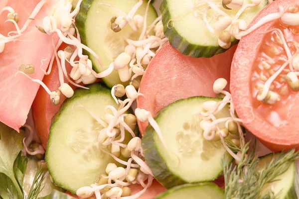 Υγιεινά τρόφιμα. Ντομάτες και τα αγγούρια. Δροσερή σαλάτα — Φωτογραφία Αρχείου