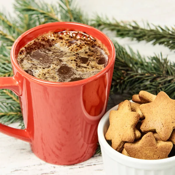 Big cup of coffee. Gingerbread Cookie. NewYear. Christmas tree