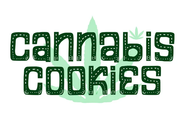 Carte Cookies au Cannabis. Une étiquette dessinée à la main. Couleur verte. Feuille — Image vectorielle