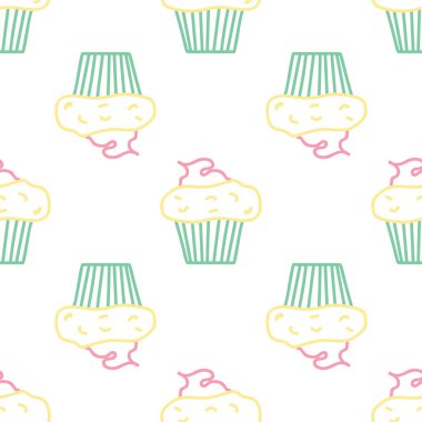 Sorunsuz sabah vektör desen. Grafik metni illustation kroki. Muffin simgesi