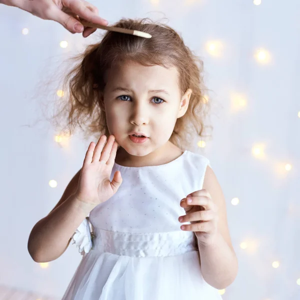 Stop denied gesture. Little cute girl sale portrait. Hairstylist comb. Photography of luxury female child. Unhappy sad emotion. Fresh person face. Kid eyes. Look at camera — Stockfoto