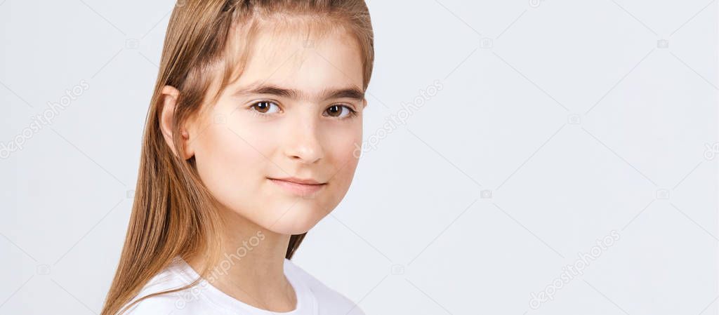 Little cute girl sale portrait. Photography of luxury female child. Happy winner emotion. Fresh person face. Kid eyes. Look at camera
