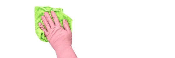 Ręka w rękawiczce czyszczenie biała ściana z mikrofibry szmata — Zdjęcie stockowe