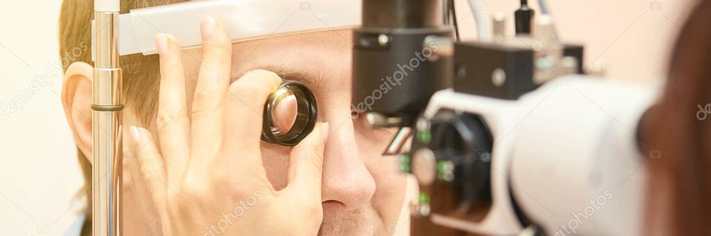 Eye doctor diagnostic. Patient at medical clinic.