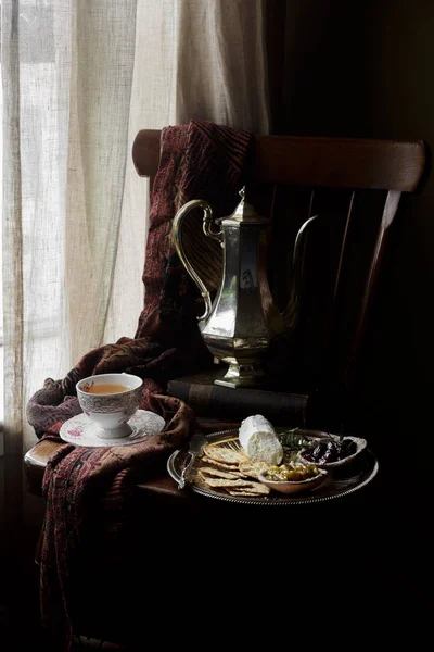 Cheese Platter Crackers Chutney Chair Cup Tea Vintage Teapot — Stock Photo, Image