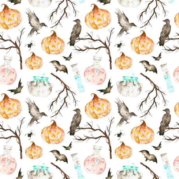 Ce motif sans couture halloween comprenait chaudron magique, bouteilles de potion, chauves-souris, corbeaux, araignée, branches et citrouille folle . — Photo