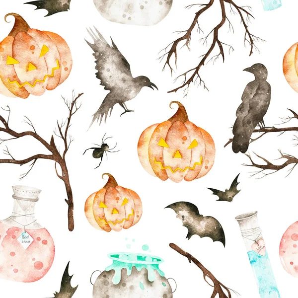 Ce motif sans couture halloween comprenait chaudron magique, bouteilles de potion, chauves-souris, corbeaux, araignée, branches et citrouille folle . — Photo