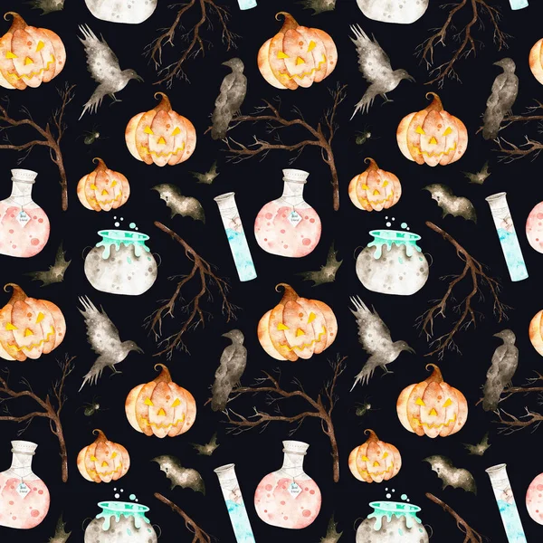 Bu Cadılar Bayramı seamless modeli siyah bir arka plan üzerinde sihirli kazan, iksir şişeleri, yarasalar, Kuzgunlar, dalları ve çılgın kabak dahil.