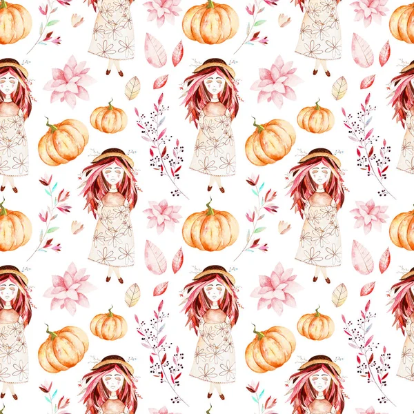 Bu sonbahar seamless modeli dahil tatlı kız, sonbahar yaprak, dal, çiçek, güzel kabaklar.