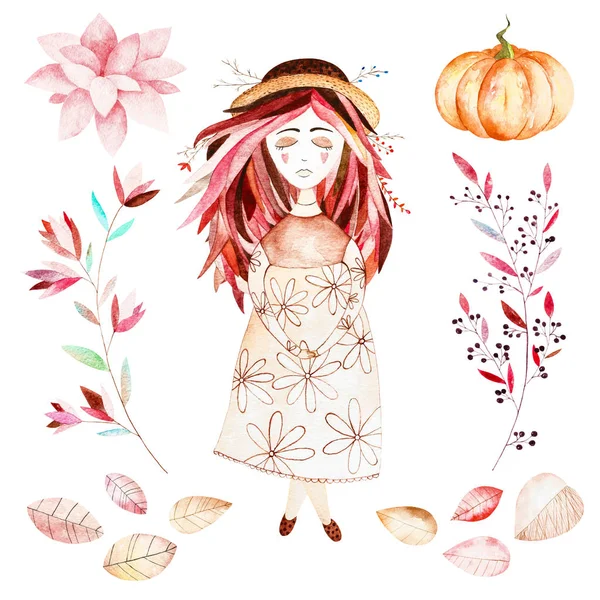 Tatlı kız bu sonbahar set dahil, yaprak, dal, çiçek, güzel kabak.