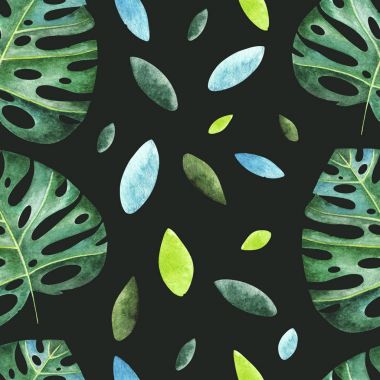 Karanlık bir arka plan üzerine suluboya tropikal seamless modeli.