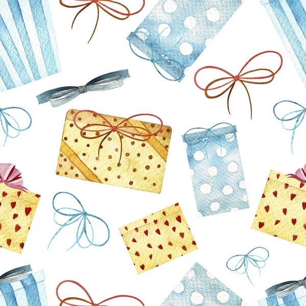 Suluboya kış seamless modeli. Hediyeler ve yay ile desen. 