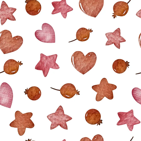 Suluboya kış seamless modeli. Desen kış meyveleri, Kalpler, yıldız.