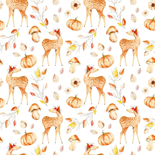 This autumn seamless pattern included deer, autumn leaves,branches,flowers,mushrooms and pumpkins. 