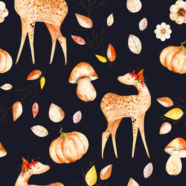 Ce motif sans couture d'automne comprenait cerfs, feuilles d'automne, branches, fleurs, champignons et citrouilles . — Photo