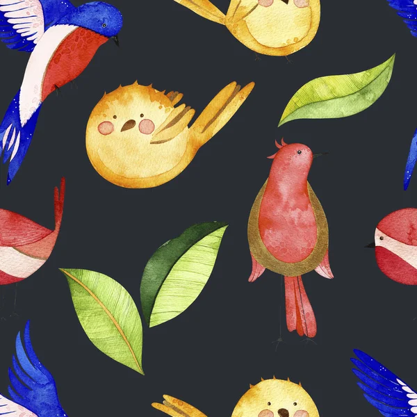 Suluboya kuşlar seamless modeli. Desen renkli kuşlar ve yaprakları ile. Sana kartpostal tasarım, Davetiyeler, projeler, düğün kartı, poster, ambalaj için mükemmel.