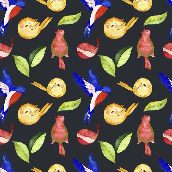 Watercolor birds seamless pattern. Pattern with colorful birds and leaves. Perfect for you postcard design,invitations,projects,wedding card,poster,packaging.
