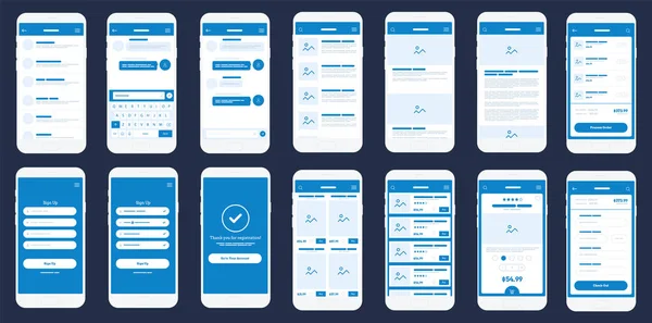 Mobile App Wireframe Ui Kit. Telaio metallico dettagliato per prototipazione rapida . Vettoriale Stock