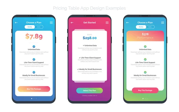 Set of of 3 smart-phones with pricing table — Stock Vector