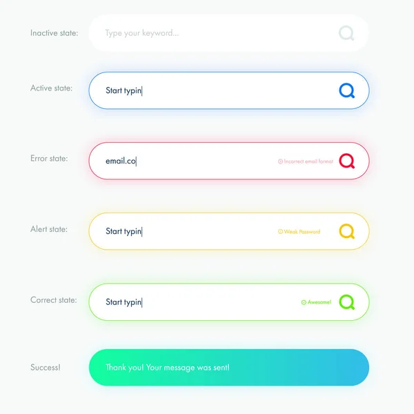 Set of modern and trendy inputs states with gradients. UI graphics. — Stock Vector