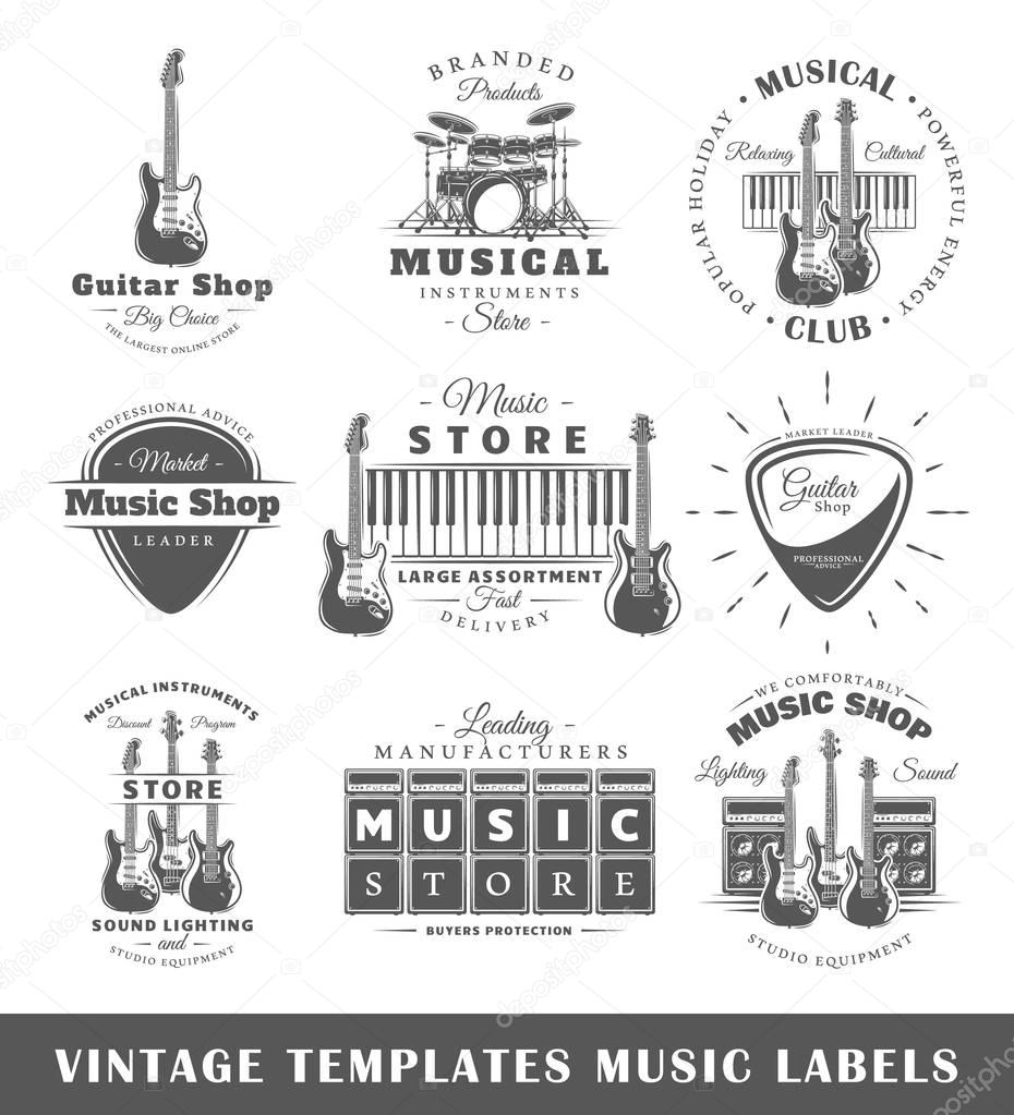Set of vintage musical labels templates. Elements for design. Vector illustration