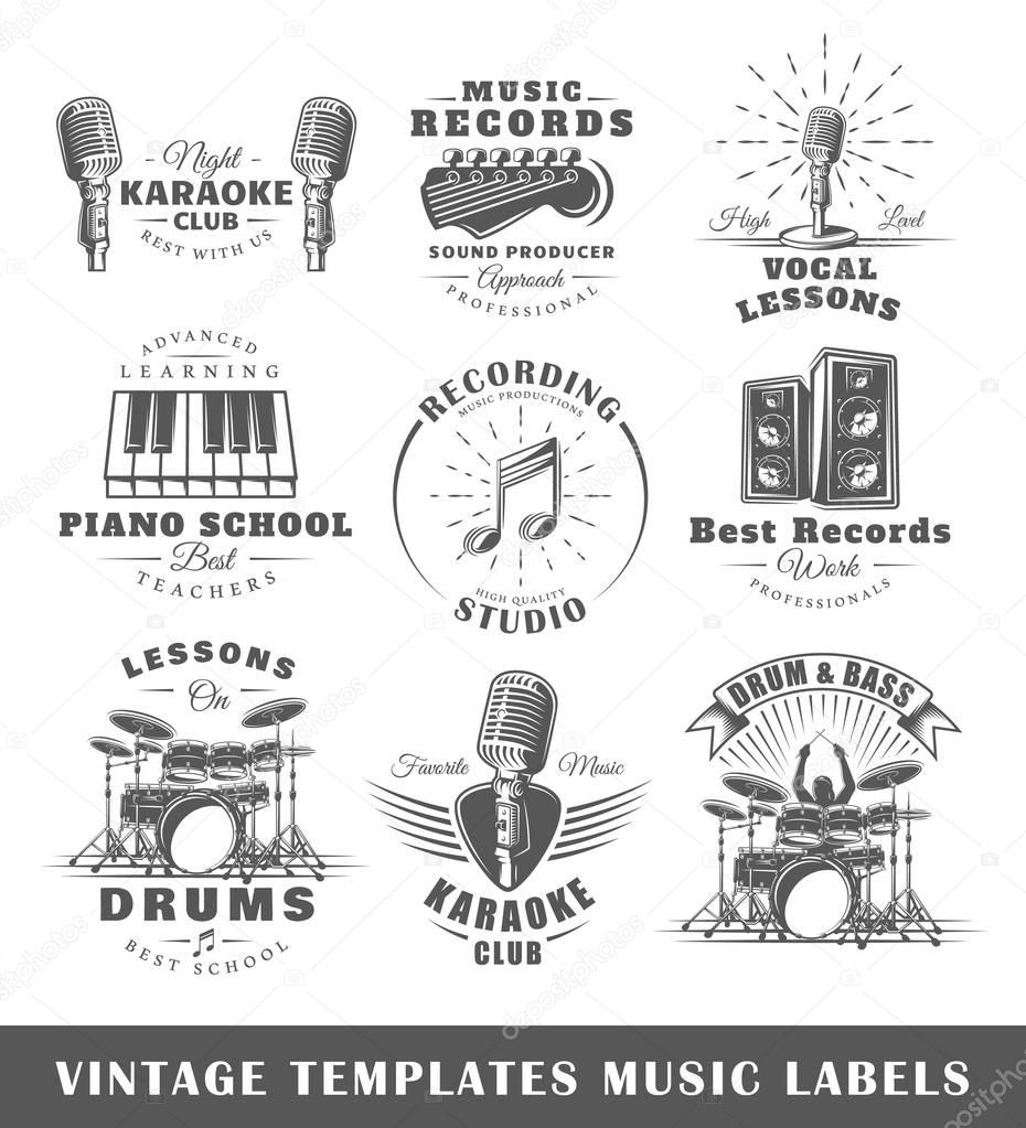 Set of vintage musical labels templates. Elements for design. Vector illustration