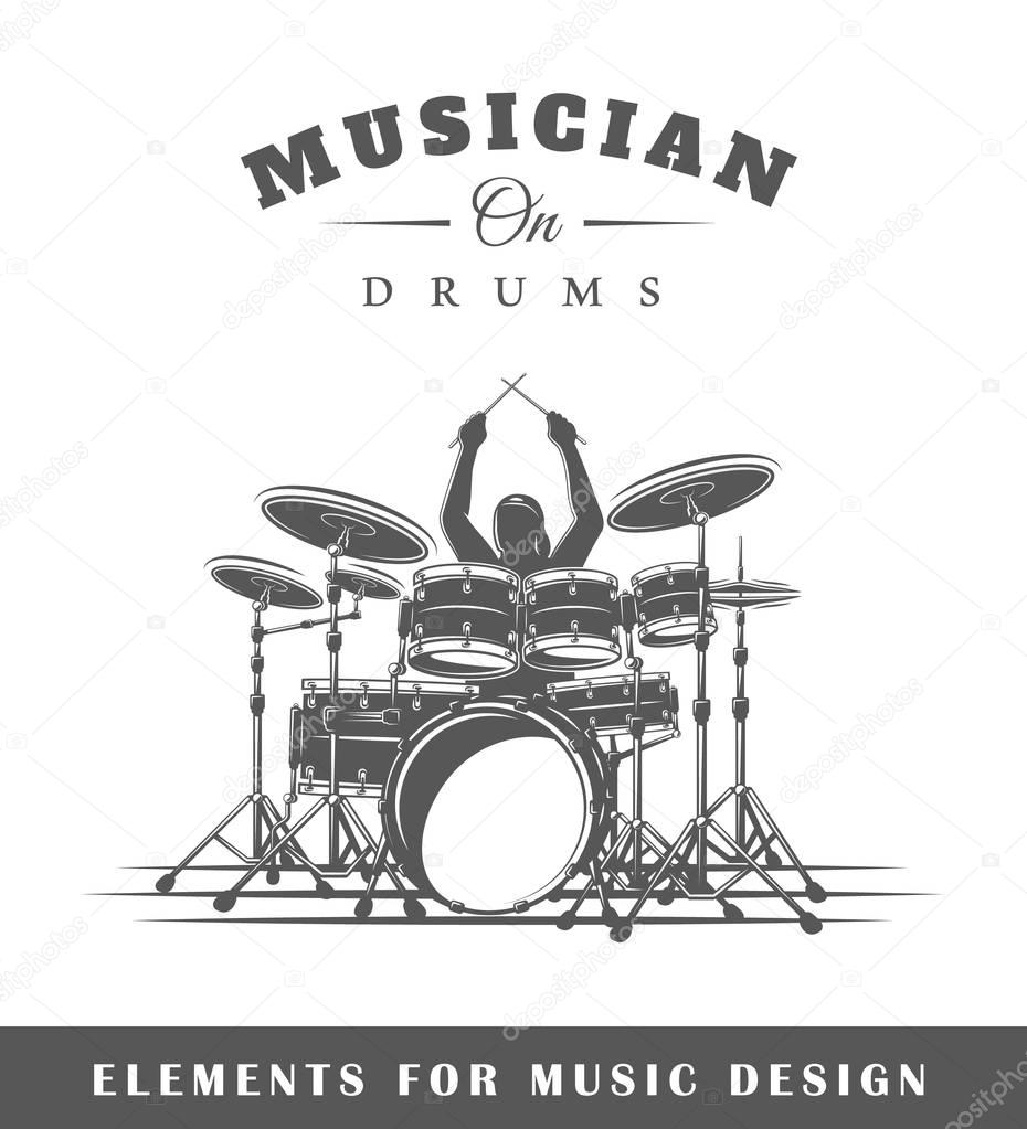 Drummer plays the drums. Isolated on white background. Elements for design. Vector illustration