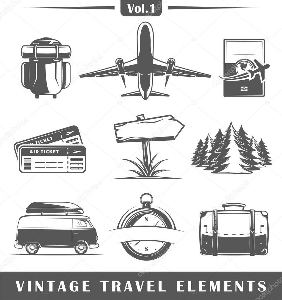 Set of vintage travel elements isolated on white background. Vector illustration