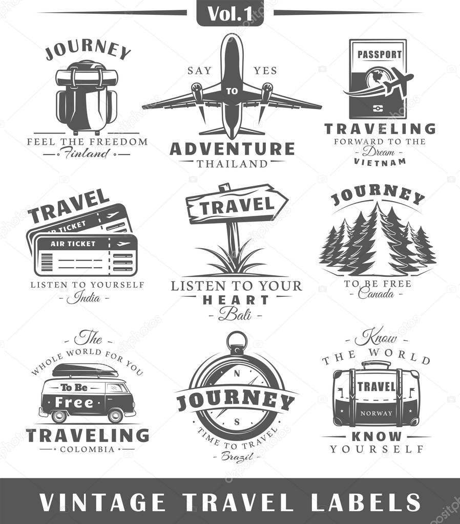 Set of vintage travel labels isolated on white background. Posters, stamps, banners and design elements. Vector illustration