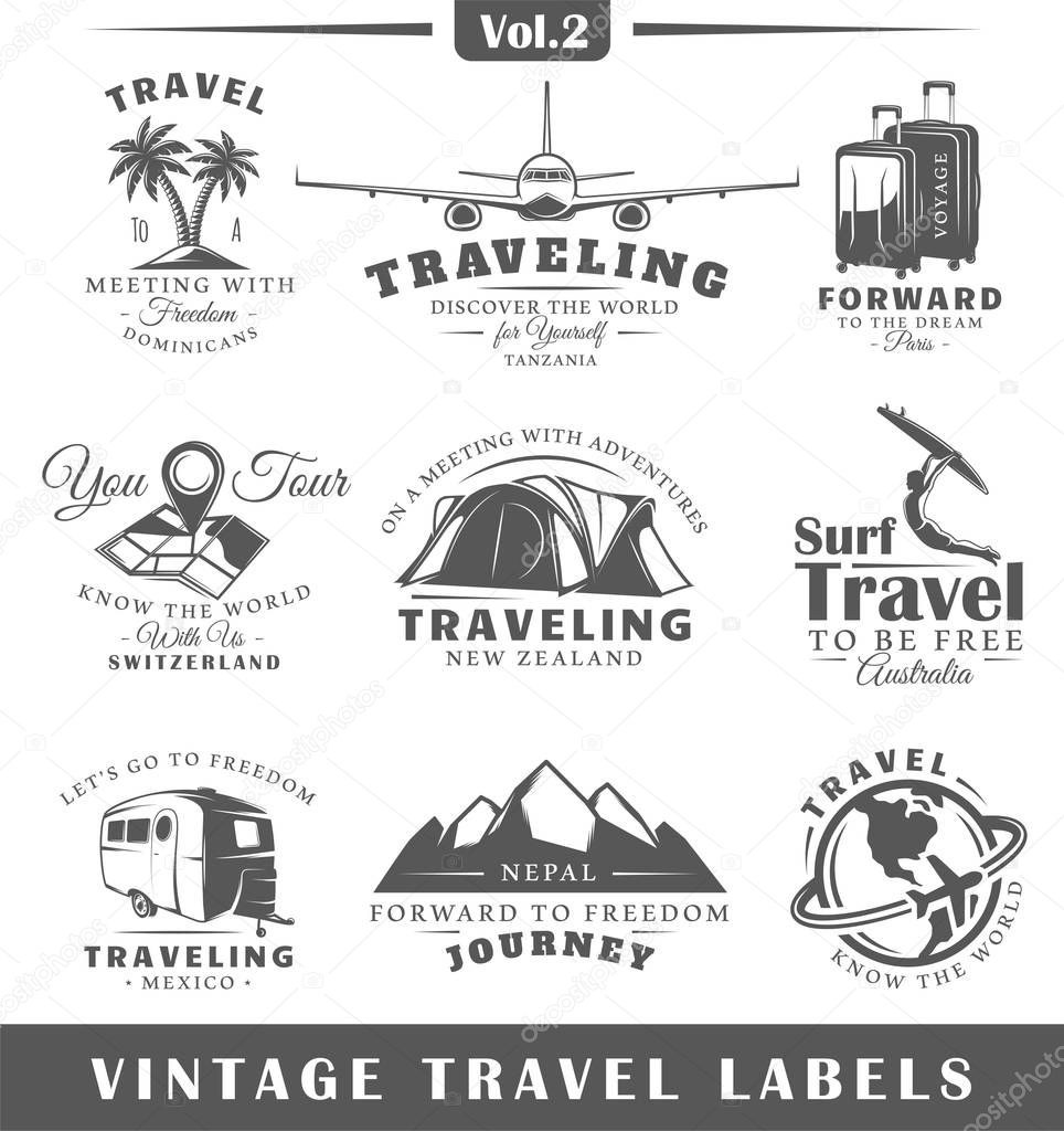 Set of vintage travel labels isolated on white background. Posters, stamps, banners and design elements. Vector illustration