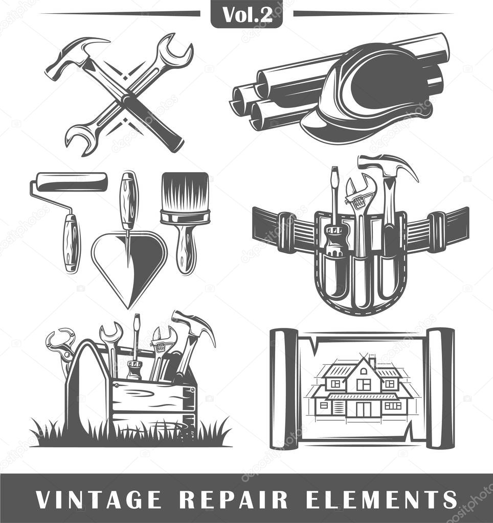 Set of vintage repair elements isolated on white background. Vector illustration