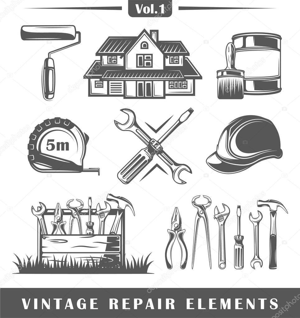 Set of vintage repair elements isolated on white background. Vector illustration