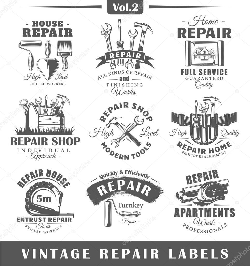 Set of vintage repair labels. Vol.2.  Posters, stamps, banners and design elements. Vector illustration