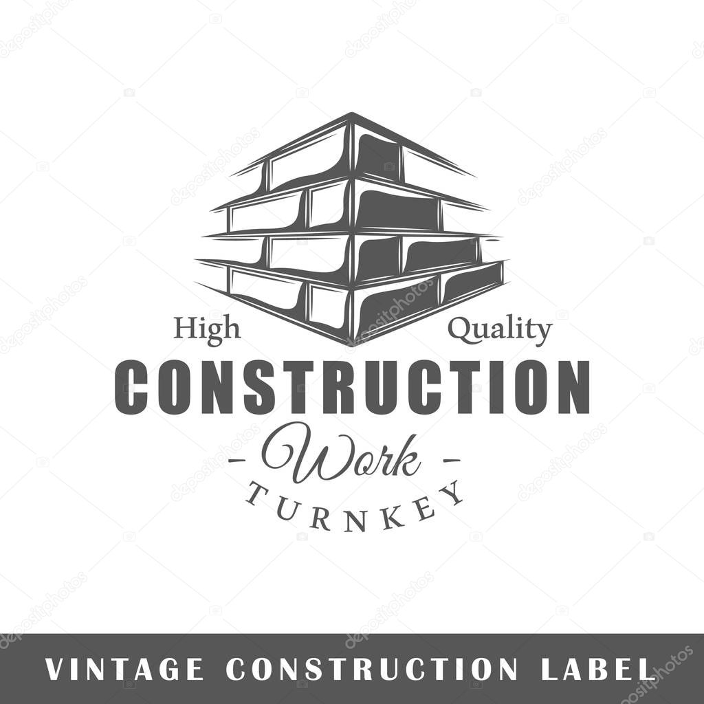 Construction label isolated on white background. Design element. Template for logo, signage, branding design. Vector illustration
