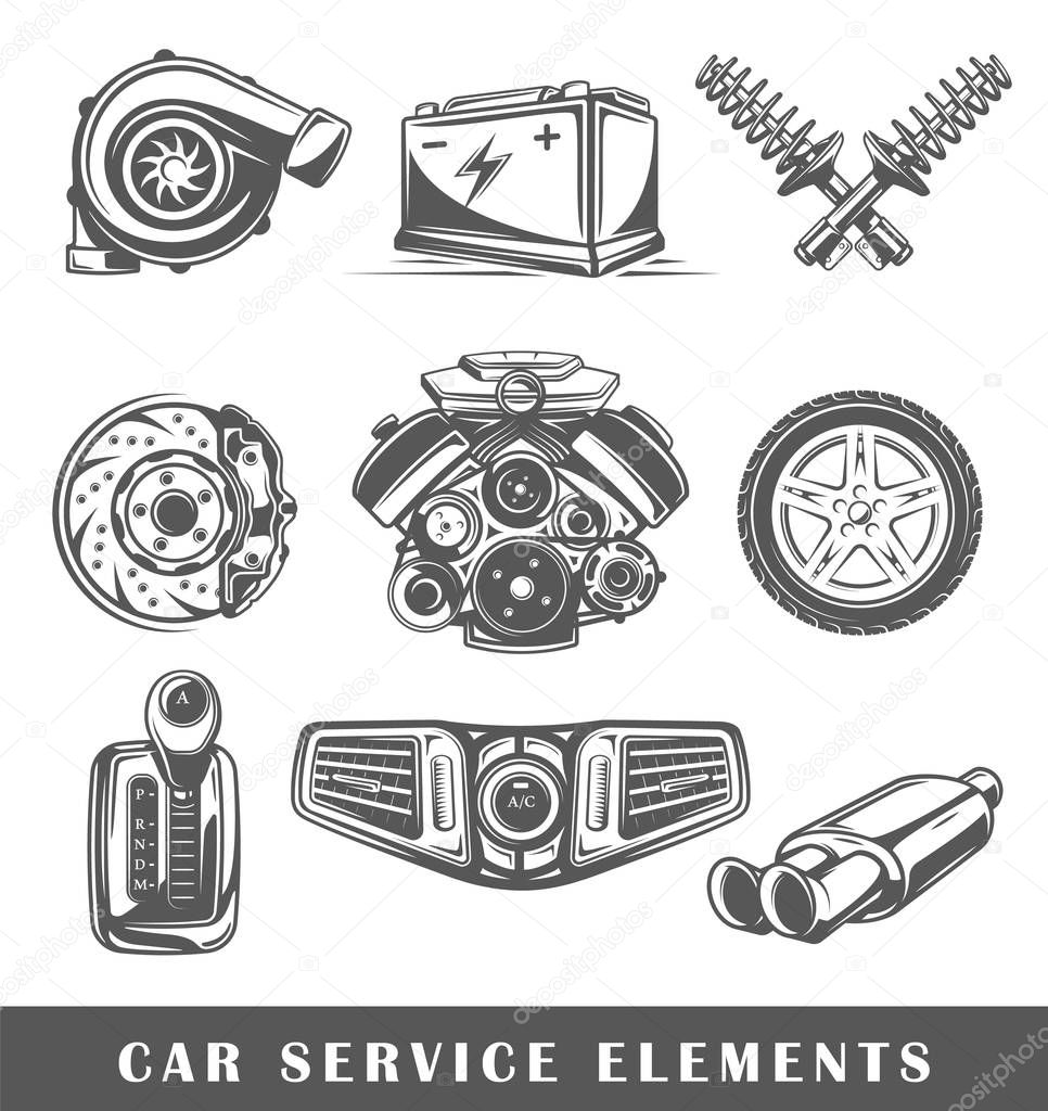 Set of elements of the car service isolated on white background. Symbols for car service design logos and emblems. Vector illustration