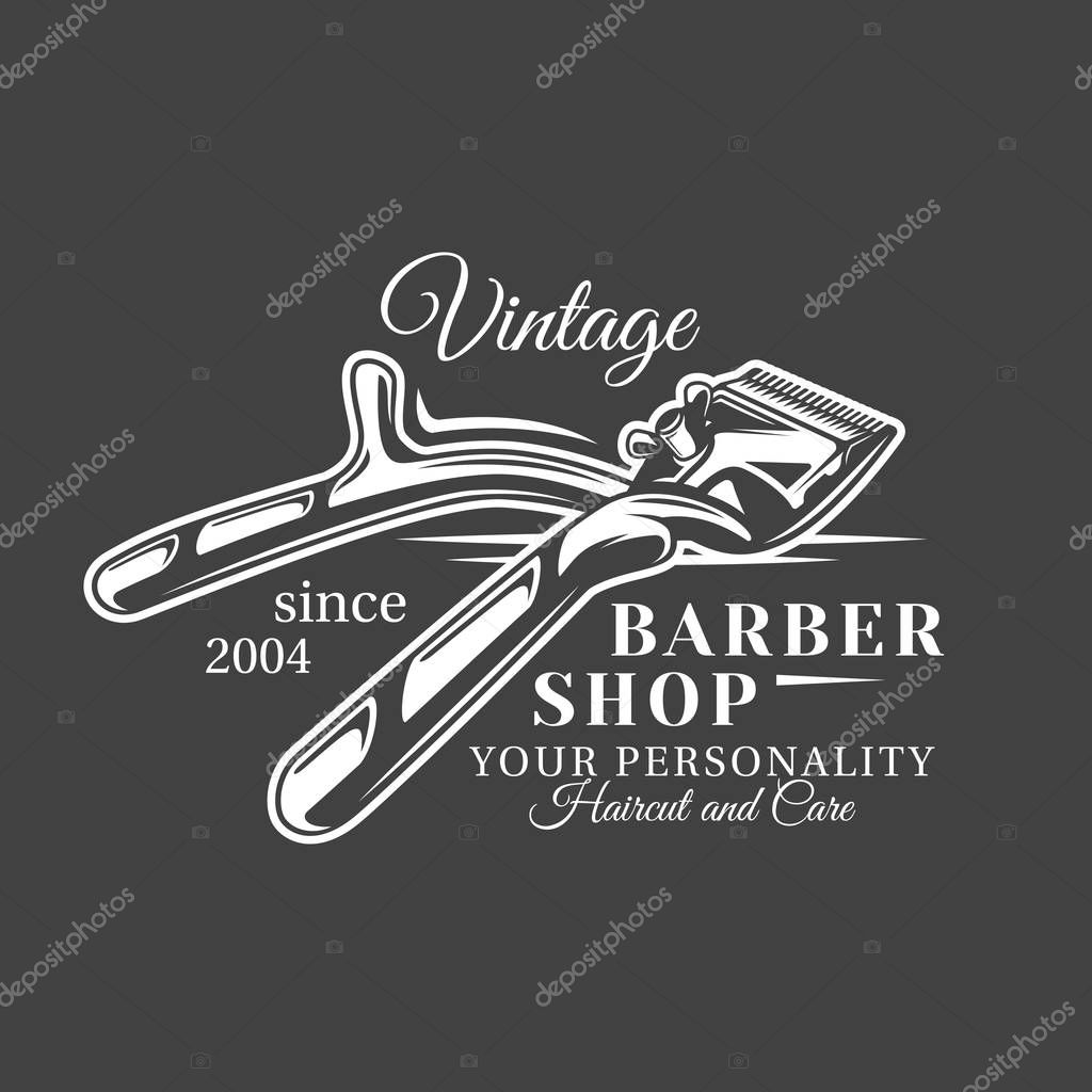 Barbershop label isolated on black background. Design element. Vector illustration