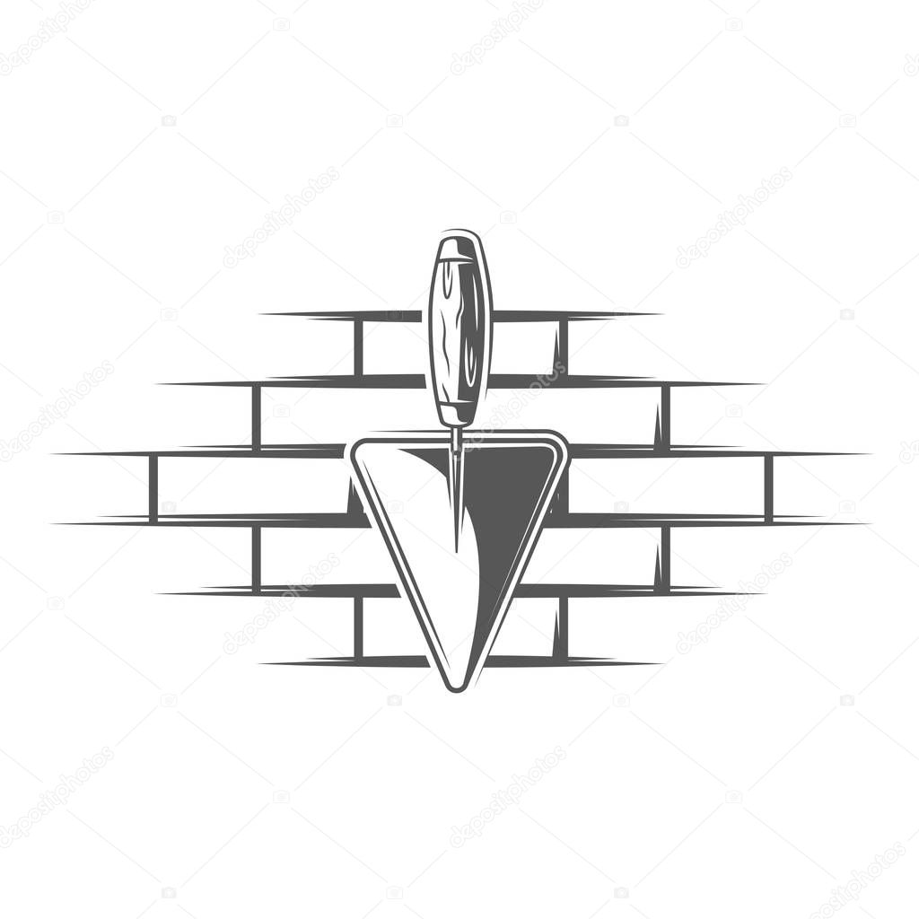 Spatulas located on a brick wall isolated on white background. Silhouette of spatulas and brick wall vector symbols. Work tools for build design