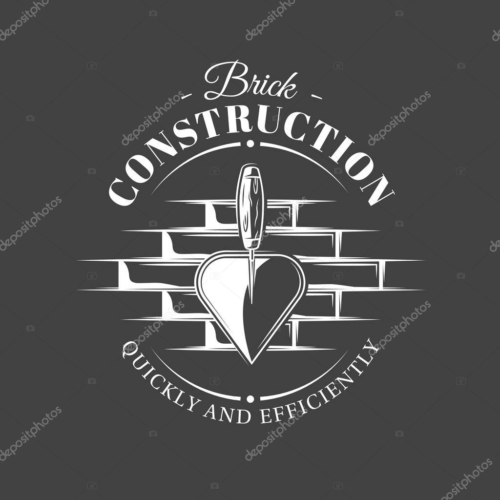 Vintage construction label. Spatulas located on a brick wall isolated on black background. Vector illustration