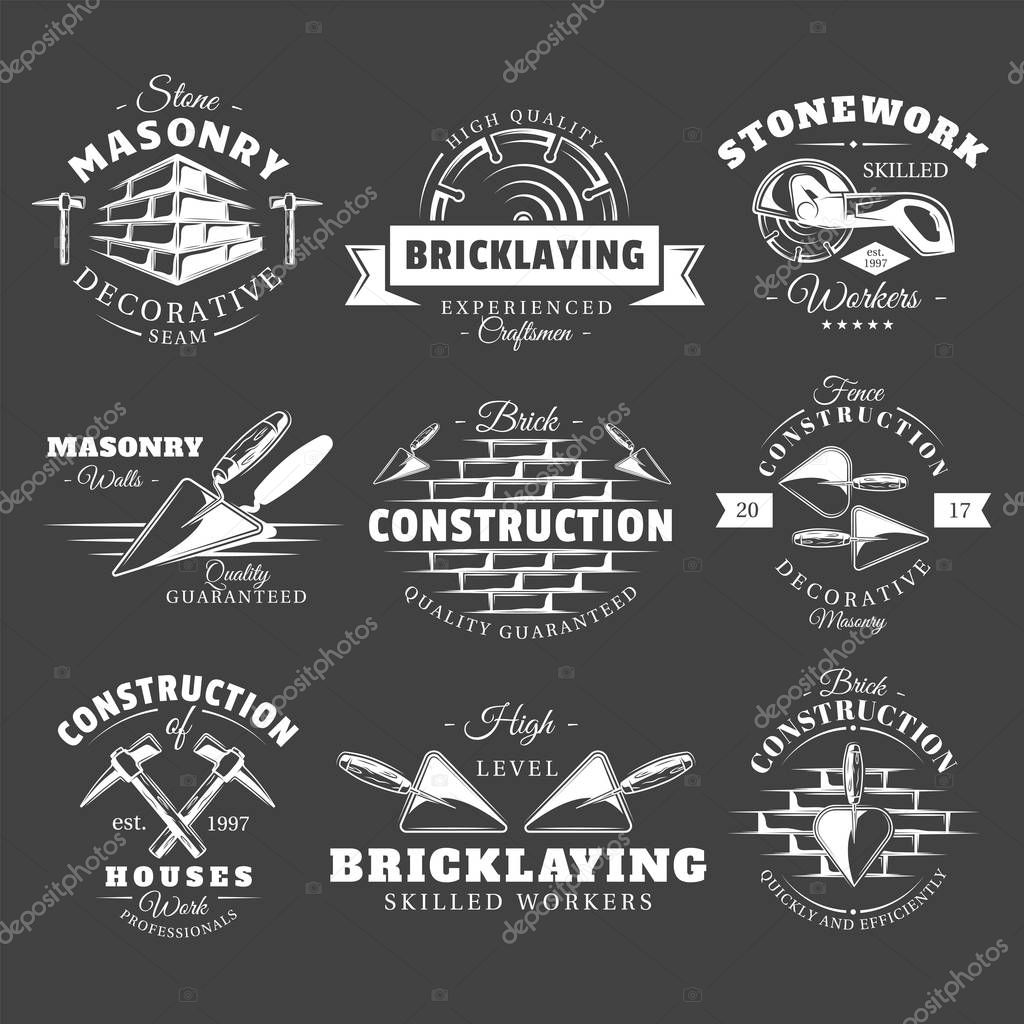 Set of vintage construction labels isolated on black background. Posters, stamps, banners and design elements. Vector illustration