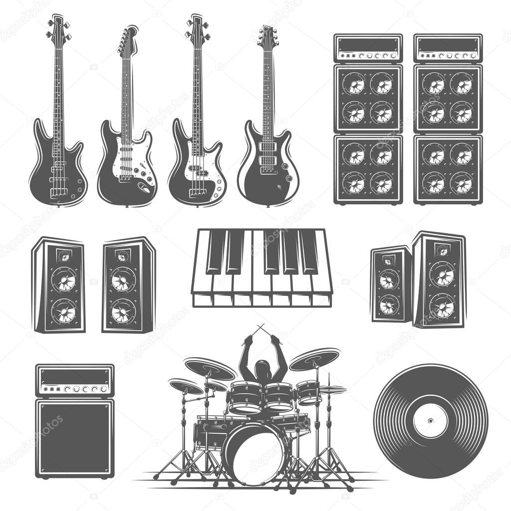 Set of musical instruments isolated on a white background. Design element for music logos, labels, emblems. Vector illustration