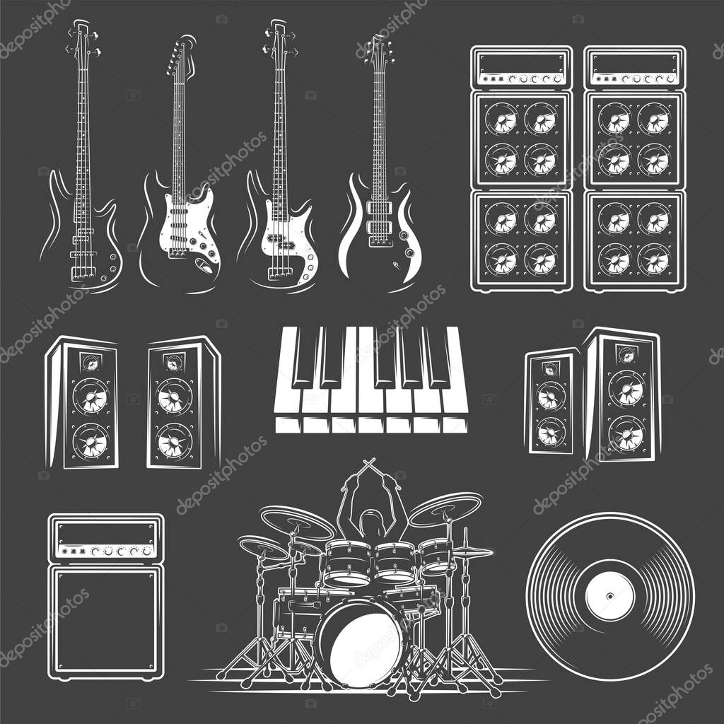 Set of musical instruments isolated on a black background. Design element for music logos, labels, emblems. Vector illustration