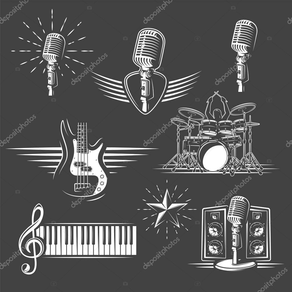 Set of musical instruments isolated on a black background. Design element for music logos, labels, emblems. Vector illustration