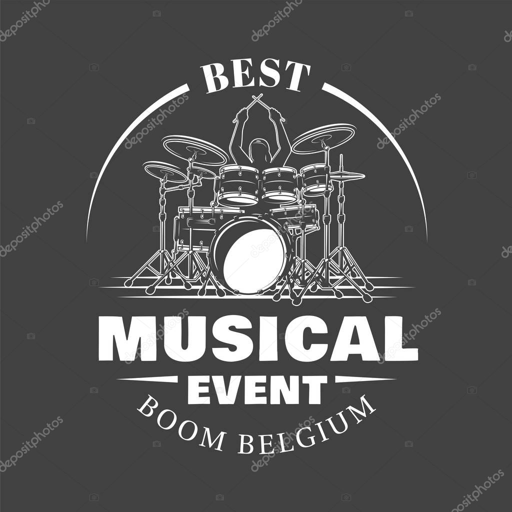 Music label isolated on black background. Drummer plays percussion instruments. Design element. Template for logo, signage, branding design. Vector illustration