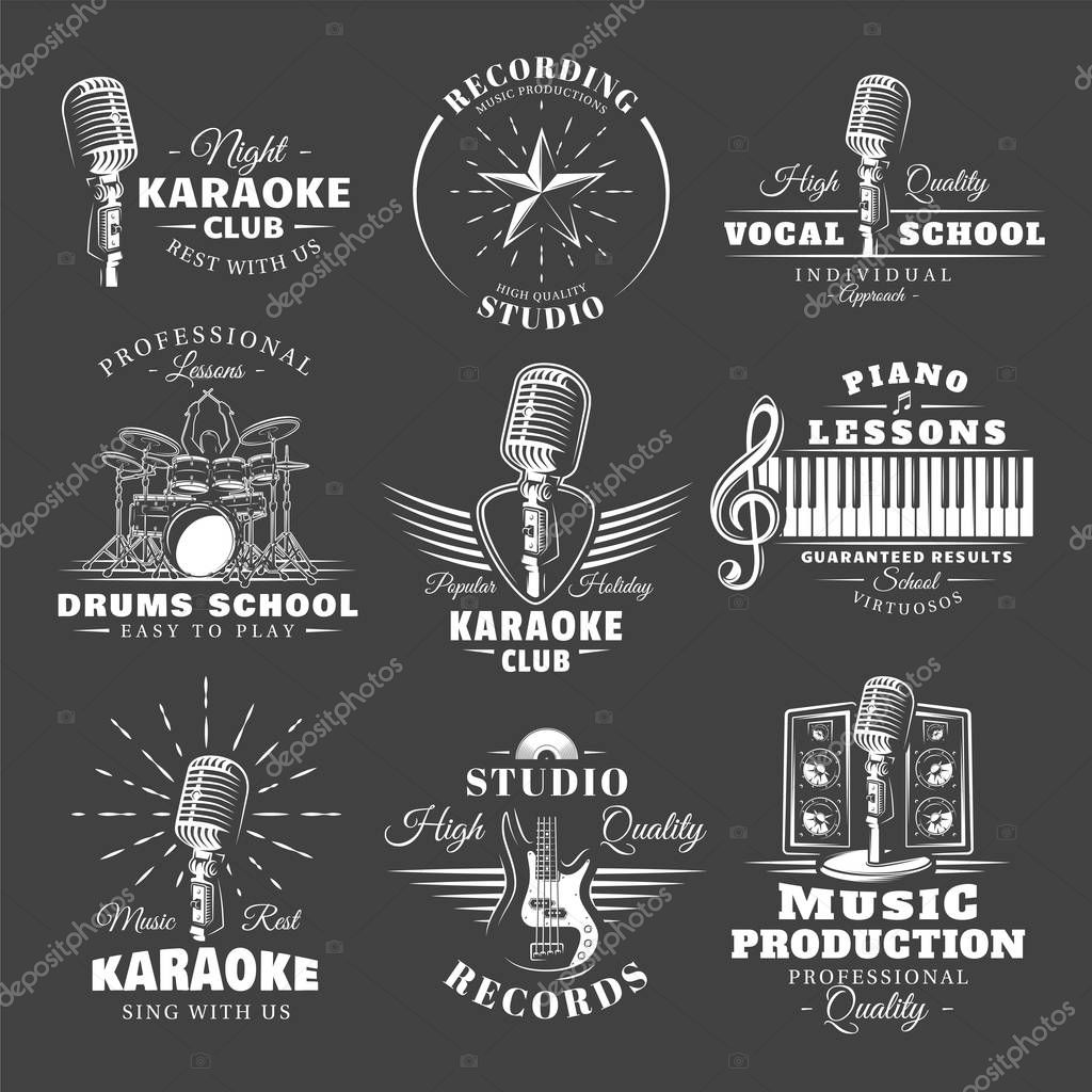 Set of vintage musical labels templates isolated on black background. Elements for music design. Template for logo, signage, branding design. Vector illustration