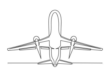 Bir uçağın sürekli bir çizgisi. Seyahat konsepti. Uçan uçak beyaz arka planda izole edildi. Vektör illüstrasyonu