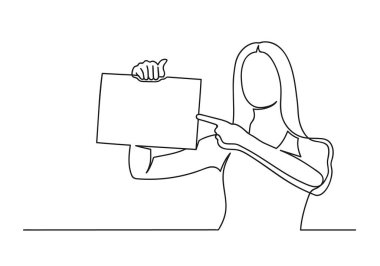 Devamlı bir kadın çizimi. İş konsepti. Elinde kağıt olan bir kadın beyaz bir arka planda parmaklarını izole halde gösteriyor. Vektör illüstrasyonu