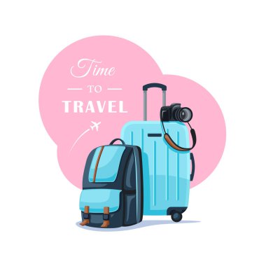 Sırt çantası ve bavul beyaz arka planda izole. Mutlu bir yolculuk için eşyalar. Düz stil. Vektör illüstrasyonu.