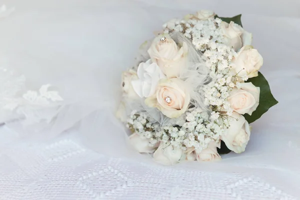 Detail Pink Fresh Roses Bouquet Gypsophila Paniculata Wedding Ceremony — Stock Photo, Image